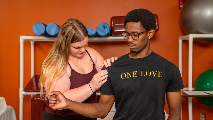Physical Therapy Assistant Program students practice their skills in the classroom inside Montgomery County Community College’s Health Sciences Center. Physical Therapy Assistant Program Assistant Professor Beverly Labosky recently earned the American Physical Therapy Association Outstanding Physical Therapist Assistant Educator Award. Photo by Dylan Eddinger