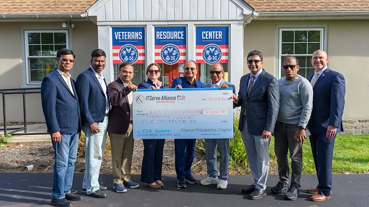 ITServe Alliance CSR-Philadelphia Chapter representatives presented a check for $5,000 to the Montgomery County Community College (PA) Legacy Fund to support two veteran STEM students on campus outside the College’s Veterans Resource Center. Photo by Linda Johnson