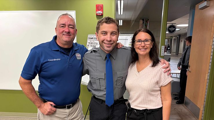 From left: Stephen Salera, Montgomery County Community College Coordinator of Public Services Training Programs for the Municipal Police Academy, Alex Mann and Nicole Callahan, MCCC Manager of Disability Services. Since 2020, Mann has taught cadets in the Academy about how to interact with individuals on the autism spectrum. Photo by Eric Devlin