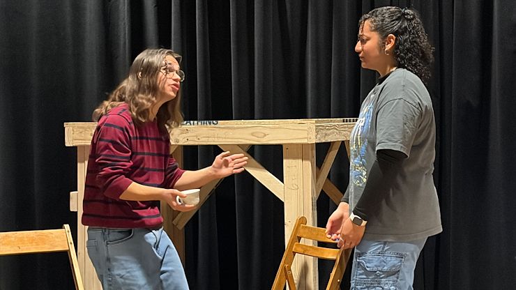 Jane Aversa as Bessie and Cynthia Acevedo as Rain Cloud rehearse a scene from “Sometimes the Rain, Sometimes the Sea” in the Black Box Theatre. Montgomery County Community College’s Theatre Arts Program and the Drama Club present the fall production Nov. 19-22. Photo by Eric Devlin