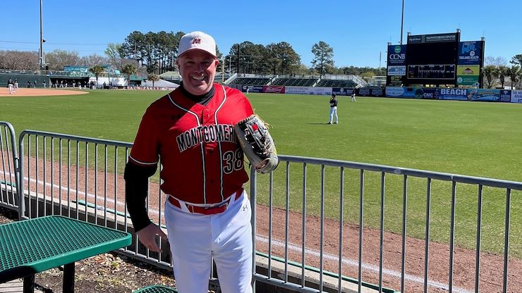After retiring from his postmaster position, Jim Fullan, 56, decided to pursue his passion to play baseball again. He enrolled at Montgomery County Community College as a full-time student and secured a spot on the Mustangs baseball team. Photos courtesy of Jim Fullan