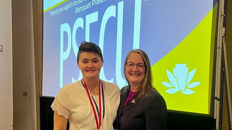 Computer Science student and part-time Information Technology employee Taylor Bellegue stands with MCCC President Dr. Victoria L. Bastecki-Perez after having been named a Transfer Pathway honoree of the 2023 All-Pennsylvania Academic Team. Photos by Diane VanDyke.