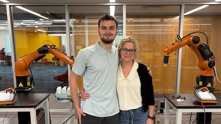 Montgomery County Community College Business Administration graduate Courtney Morrow, and her son Engineering graduate Aaron Laws, stand in the Engineering Lab on Montgomery County Community College’s Blue Bell Campus. Photo by Eric Devlin