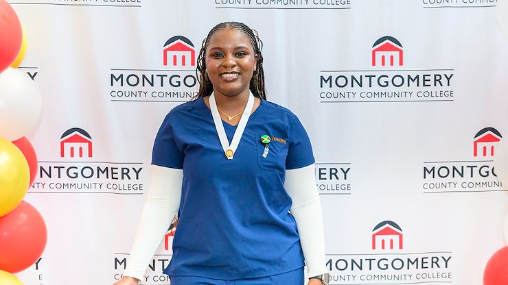 Montgomery County Community College Nursing graduate Anthonesha Anguin, ’26, during the Nursing pinning ceremony. Anguin received the Dr. Stuart H. and Sandra K. Fine Nursing Scholarship. Photo by Linda Johnson