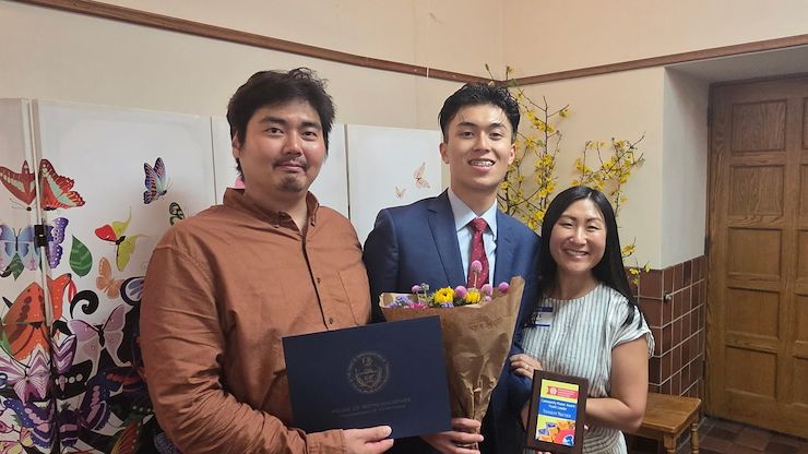 Montgomery County Community College graduate Vincent Nguyen (center), ’26, with mentors Jay Lee, Advocacy and Communication Manager at the Woori Center, and Kate Firestone, Membership Director for the Pennsylvania Immigration Coalition (PIC), received the PIC’s Youth Leader Community Power Award in 2025. Vincent will be continuing his education at Lehigh University in fall 2026. Photo courtesy of Vincent Nguyen